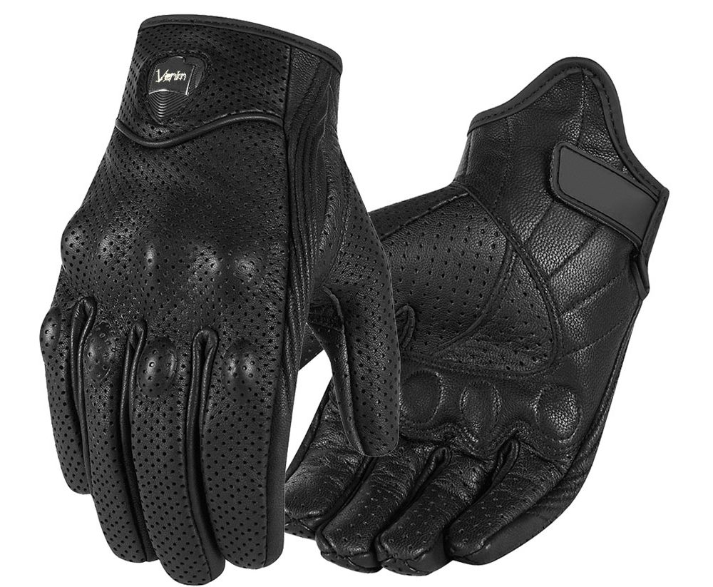 Venim Perforated Black Leather Biker Gloves