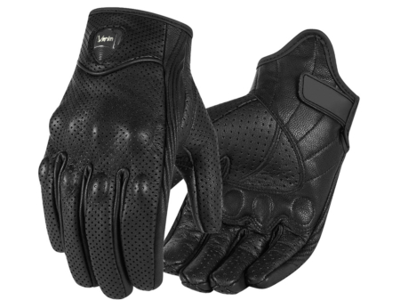 Venim Perforated Black Leather Biker Gloves